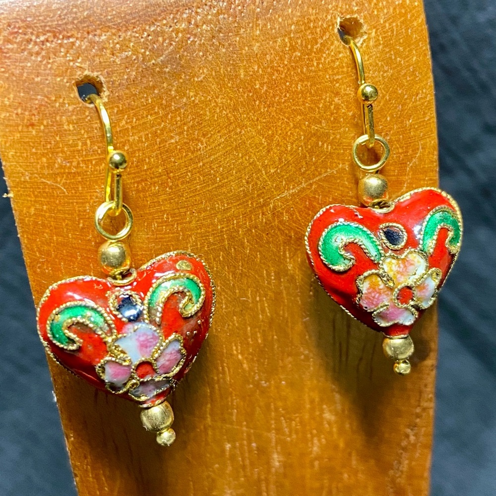 Elegant Red Cloisonné Heart Earrings